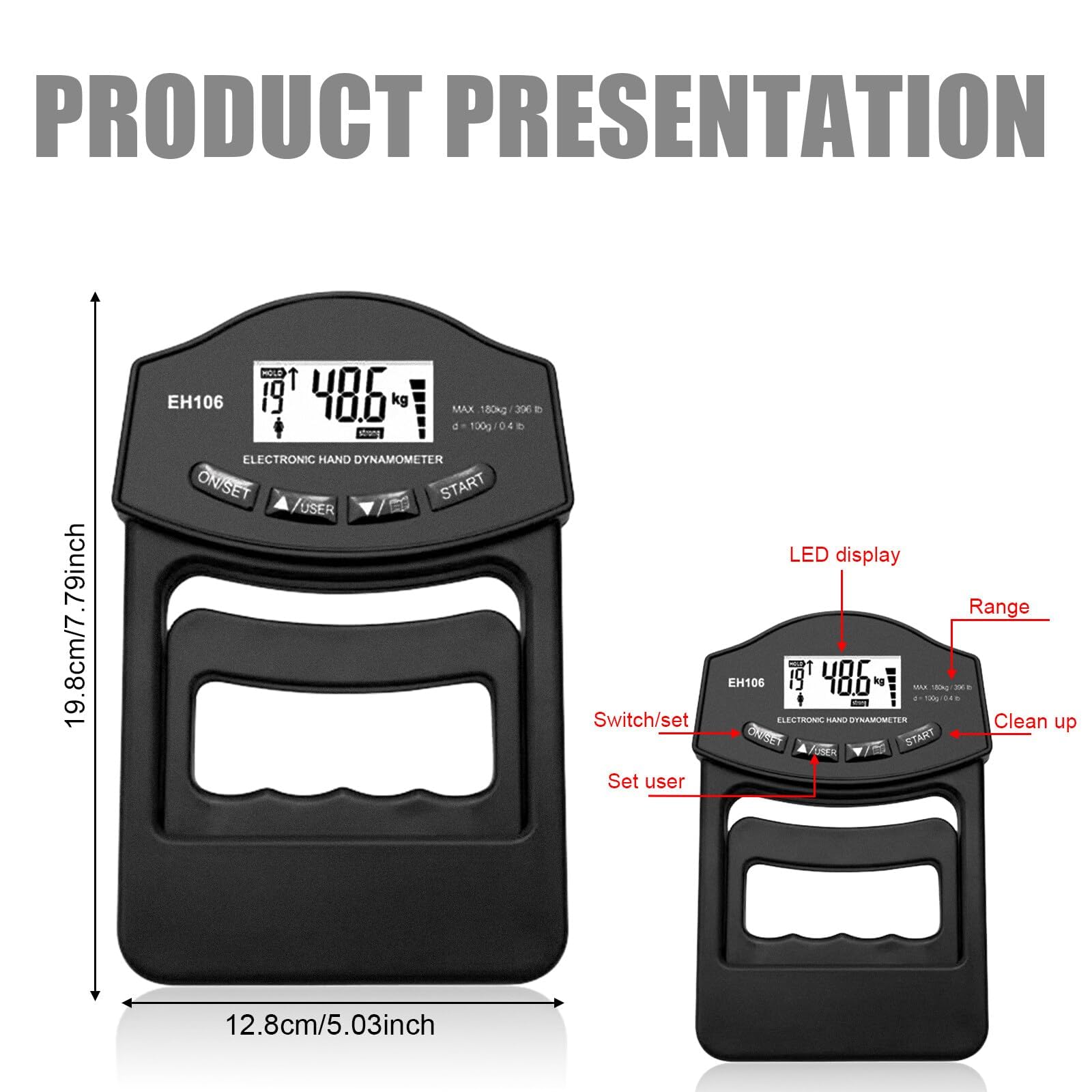 Powermètre numérique, dynamomètre manuel, 180 kg, intelligent et sensible, grande force de préhension électronique, avec écran LED, câble de charge USB (noir)