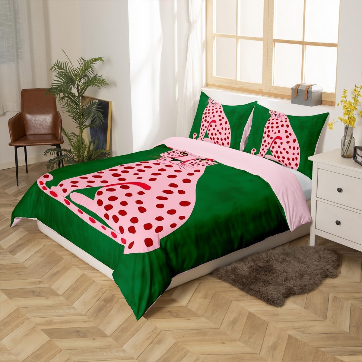 Manfei Pink Cheetah Duvet Cover Set Queen Size,Cute Leopard African Wild Animal Bedding Set,Young Teens Room Decor,Chic Pink Leopard Fur Print Green Trippy Quilt Cover,No Comforter