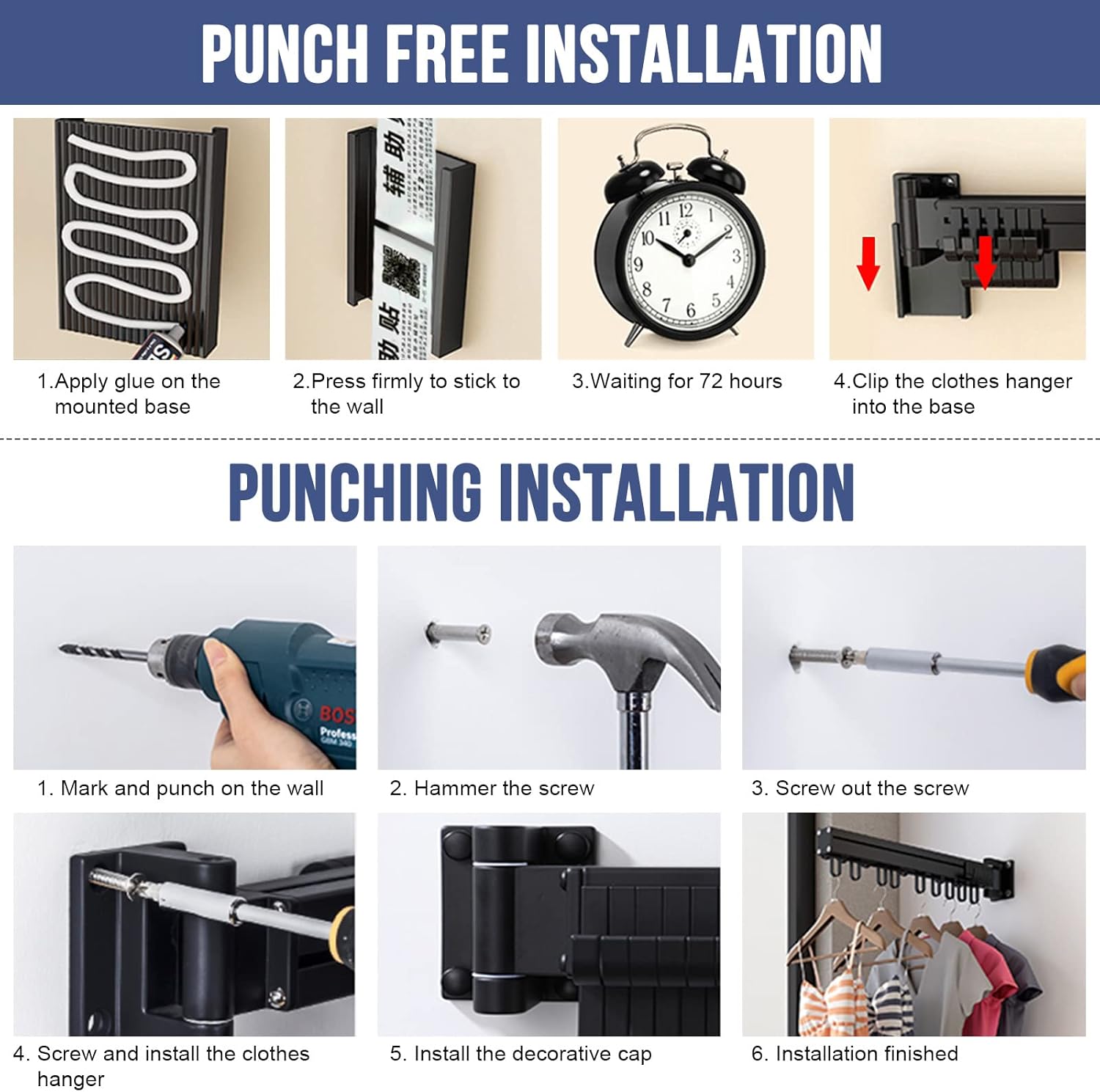 MIFXIN Retractable Clothes Drying Rack Tri-Fold Laundry Wall Mounted Clothing Drying Rack Hanger Collapsible Space Saver Foldable Clothes Hanger Rack for Laundry Balcony (Black)