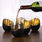 MyGift Modern Matte Black and Gold Tilted Design Stemless Wine Glasses Tumblers - 18 oz, Set of 6