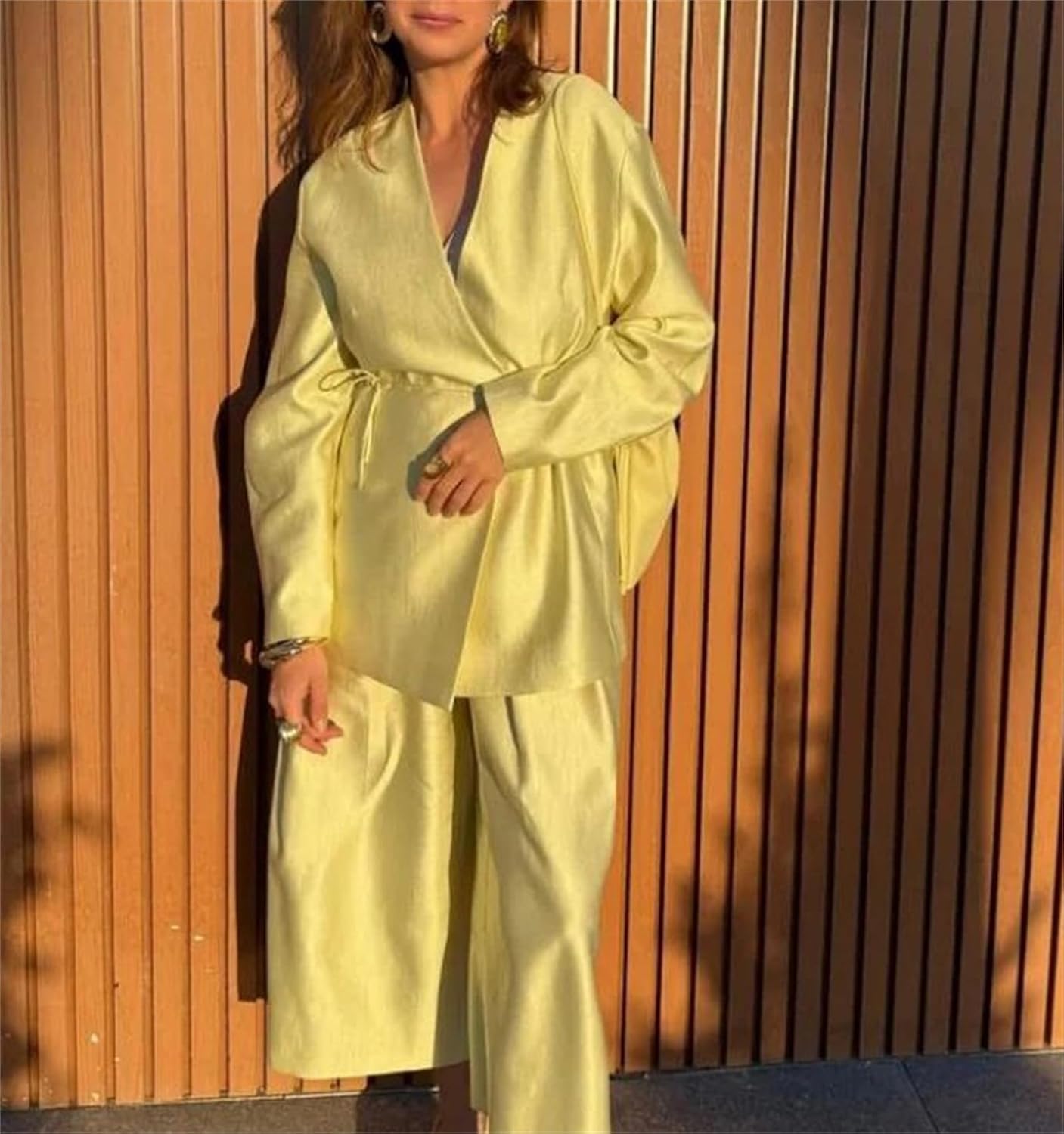 Women’S Loose Jacket Pants Suit Lace Up Full Sleeve V Neck Jacket Wide Leg Trousers Street Set Vacation Travel Outfits