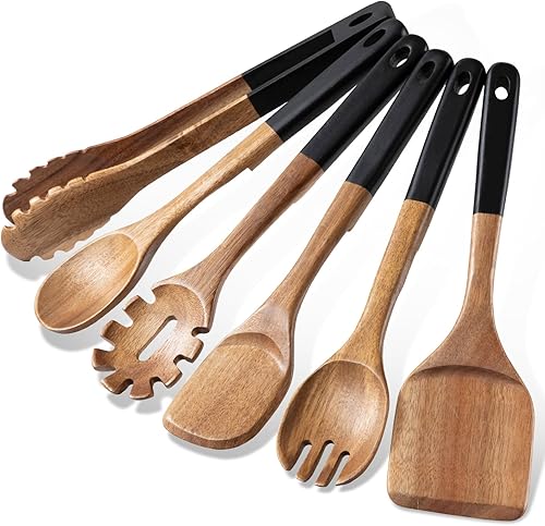 Cucharas de Madera para Cocinar, 6 PCS Utensilios de Cocina de Madera de Acacia Natural, Cucharas de Cocina de Madera de Agarre Suave con Orificio