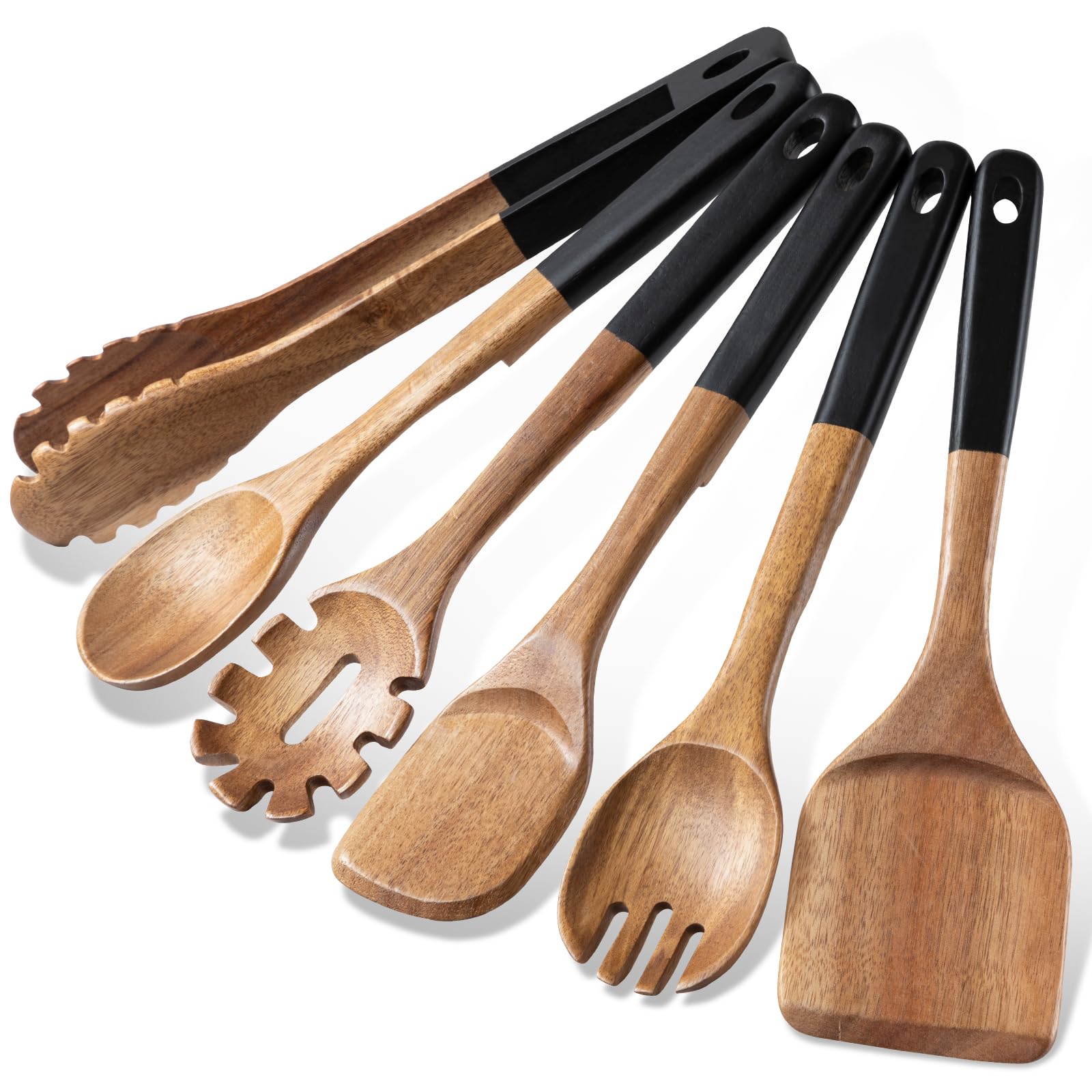 Cucharas de madera para cocinar, 6 utensilios de cocina de madera de acacia natural, cucharas de cocina de madera de agarre suave con agujero para colgar, juego de utensilios de cocina de madera