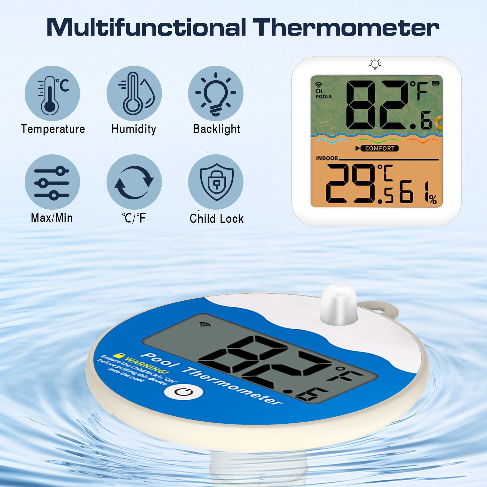 Thermomètre Piscine Connecté Sans Fil IP68, Thermomètre Piscine Connecté avec Récepteur Radio LCD, Portée jusqu'à 100m, Thermometre Piscines avec Température Intérieure/Extérieure et Humidité