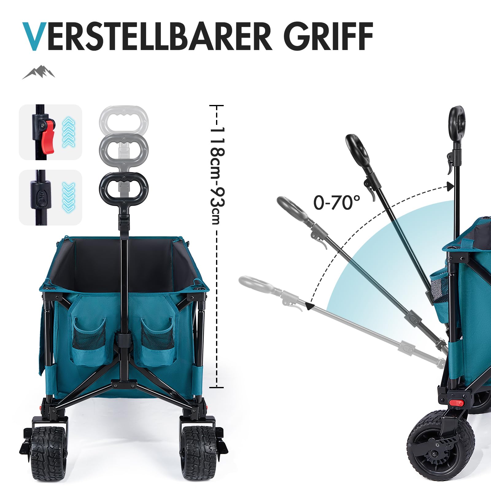 PORTAL Bollerwagen faltbar XXXL 300L größe Reifen 17x10cm mit Bremse Getränkehalter Seitentasche Faltwagen klappbarer Transportwagen für Alle Gelände Camping Strand Einkaufen