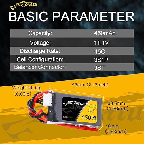 Miniatura 2 de TATTU Batería LiPo de 11.1V 450mAh 3S 45C con enchufe JST (2 piezas)