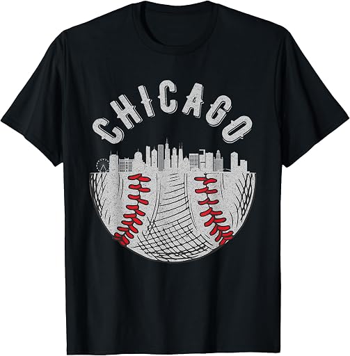 Baseball Skyline City Downtown Fan Merch Cool Chicago Illinois Skyline Baseball Fan City Downtown T-Shirt