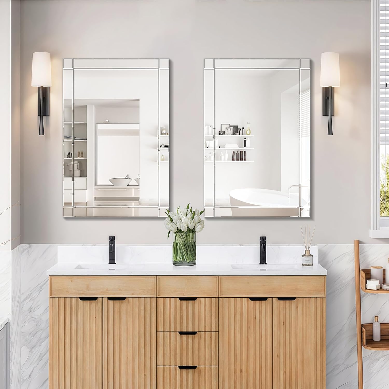 Pregaspor 24x36 Inch Rectangle Bathroom Vanity Mirror for Wall, Modern Frameless Wall Mirrors with Beveled Edge, Silver Bathroom Mirrors for Over Sink