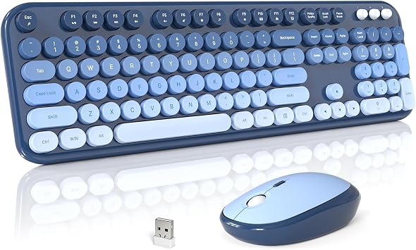 MOFII Wireless Keyboard and Mouse Combo, Cute Keyboard Full Size and Wireless Mouse, 2.4GHz Retro Typewriter Keyboard Mouse Set for PC/Desktop/Laptop/Windows Azure Blue