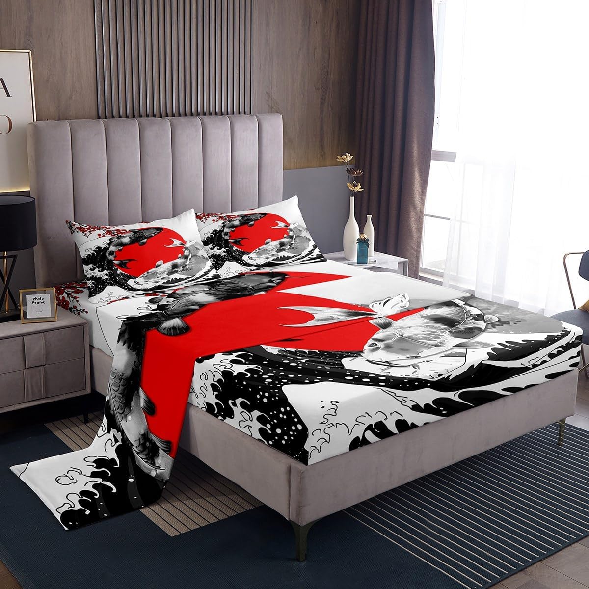 Mount Fuji Sheet Sets Japanese Style Koi Fish Bed Sheet Ukiyo-E Theme Fitted Sheet Mountain Cherry Blossom Red Sun Ink Painting Top Sheet 4 Pieces with 2 Pillow Cases, Full Size Black White