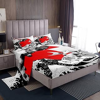 Mount Fuji Sheet Sets Japanese Style Koi Fish Bed Sheet Ukiyo-E Theme Fitted Sheet Mountain Cherry Blossom Red Sun Ink Painting Top Sheet 4 Pieces with 2 Pillow Cases, Queen Size Black White