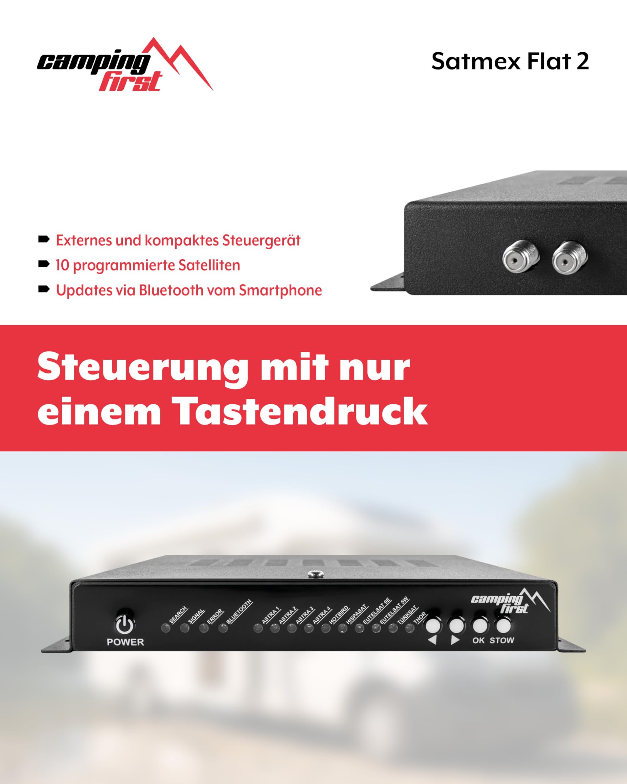 Satmex Flat 2 – Vollautomatische Camping-Antenne (Satelliten-Antenne, für 2 TVs/Receiver, für Caravan und Wohnmobil, Skew-Funktion) – Weiß