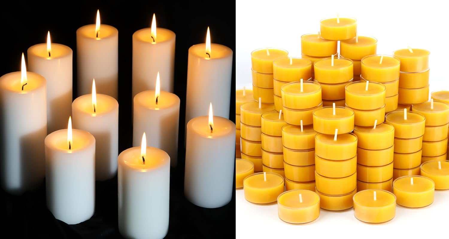 Bundle Offer: 48Pcs Beeswax Tealights + 12-Packc 2.8x4 Pillars - Perfect for Decor & Relax