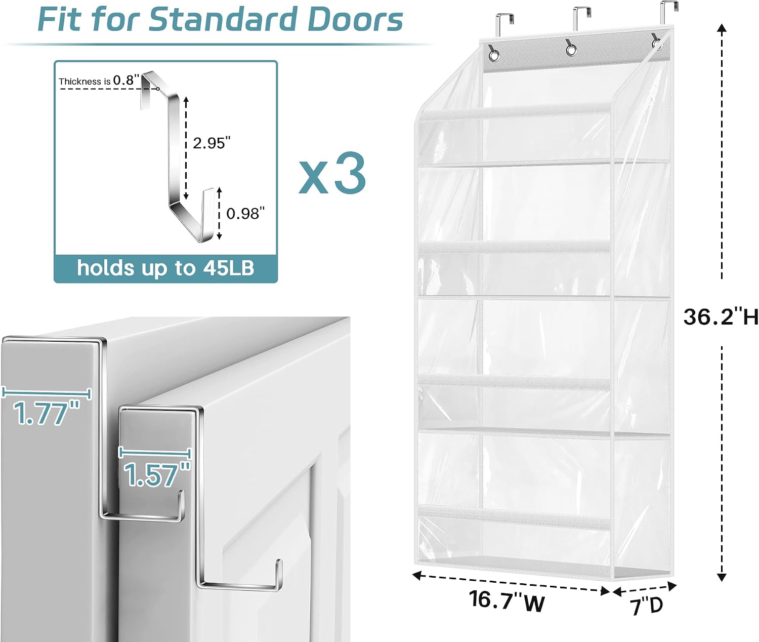 AOODA Clear Over the Door Hat Racks for Baseball Caps, Hold 48 Caps Hat Storage Organizer for Closet Wall, Deep Pockets Hanging Snapback Holder Shelves with 3 Hooks, White thumbnail