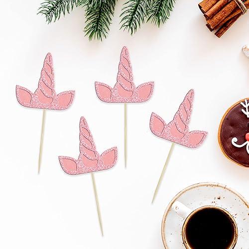 Miniatura 3 de Gyufise 24 piezas de decoración de cuernos de unicornio con purpurina rosa de doble capa para cupcakes de caballo de unicornio para baby shower,