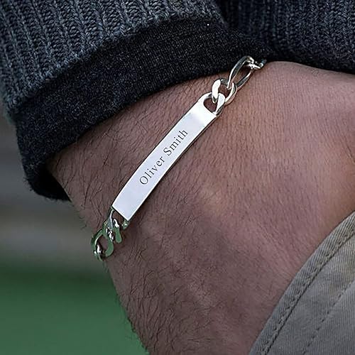 Vista 5 de LeCalla Personalized Customised Engraved Name Men's Figaro Chain ID Bracelet in 925 Sterling Silver Personalized Custom Birthday Christmas Fathers