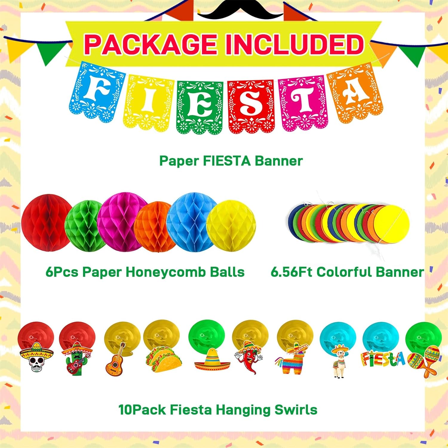 Fiesta Party Decorations Mexican Fiesta Banner Garland Hanging Swirls Honeycomb Balls Set for Cinco De Mayo Taco Mexican Theme Birthday Party Decor