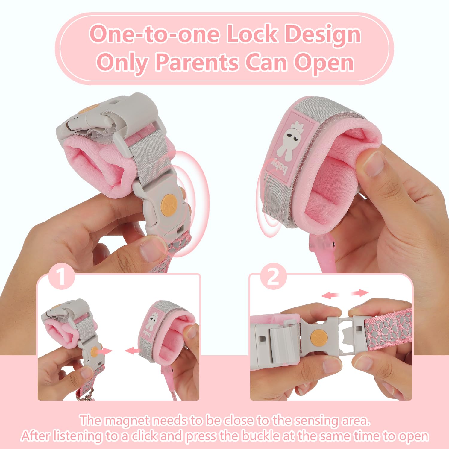 OWill Toddler Walking Harness, 1-3 Years Boys & Girls, Anti Lost Wrist Reins w/ Luminous Effect & Warning Whistle (1.5m Pink) - Image 4