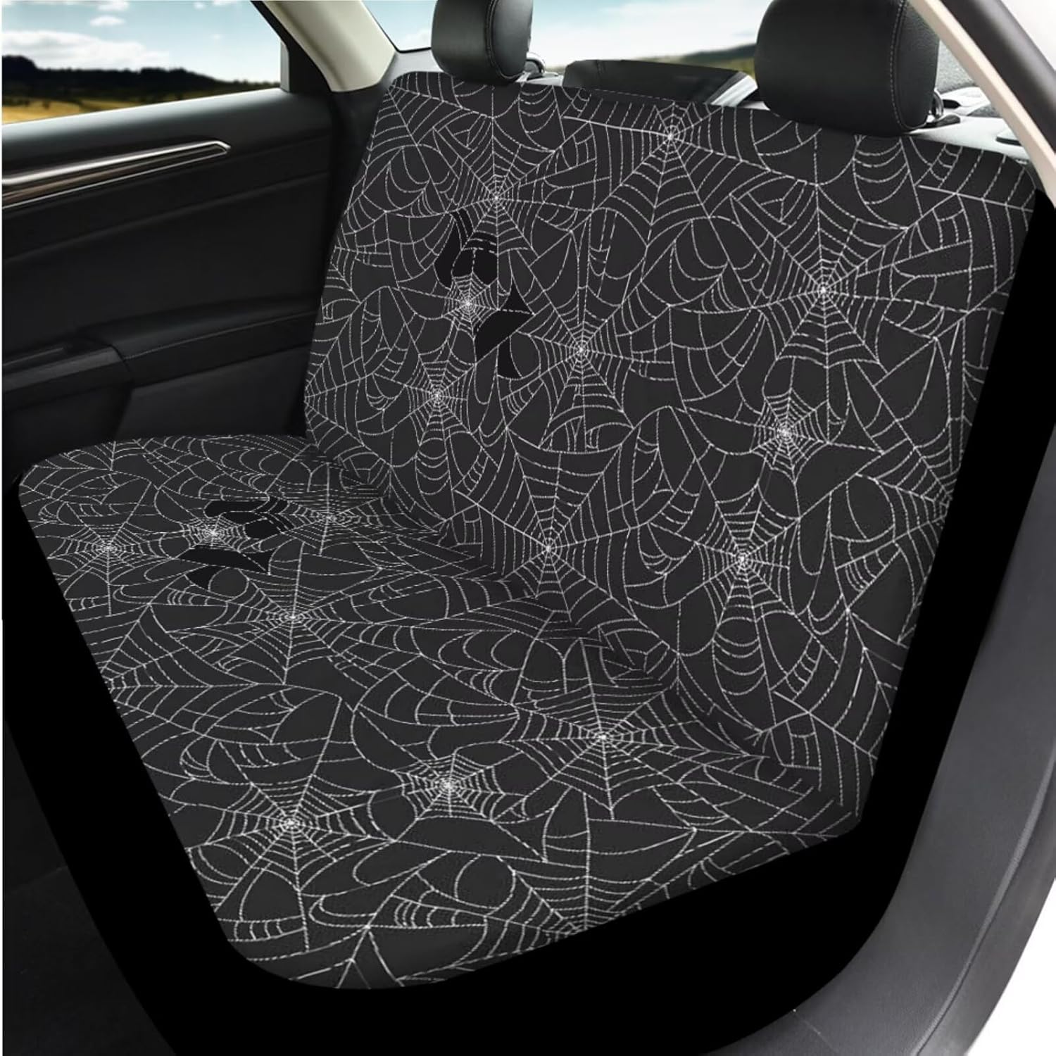 14 Pcs Spider Web Car Seat Covers Full Set Black and White Auto Steering Wheel Cover Armrest Cushion Head Rest Protector Seat Belt Covers with Keychain,Unverisal Fit Cars SUV Turcks