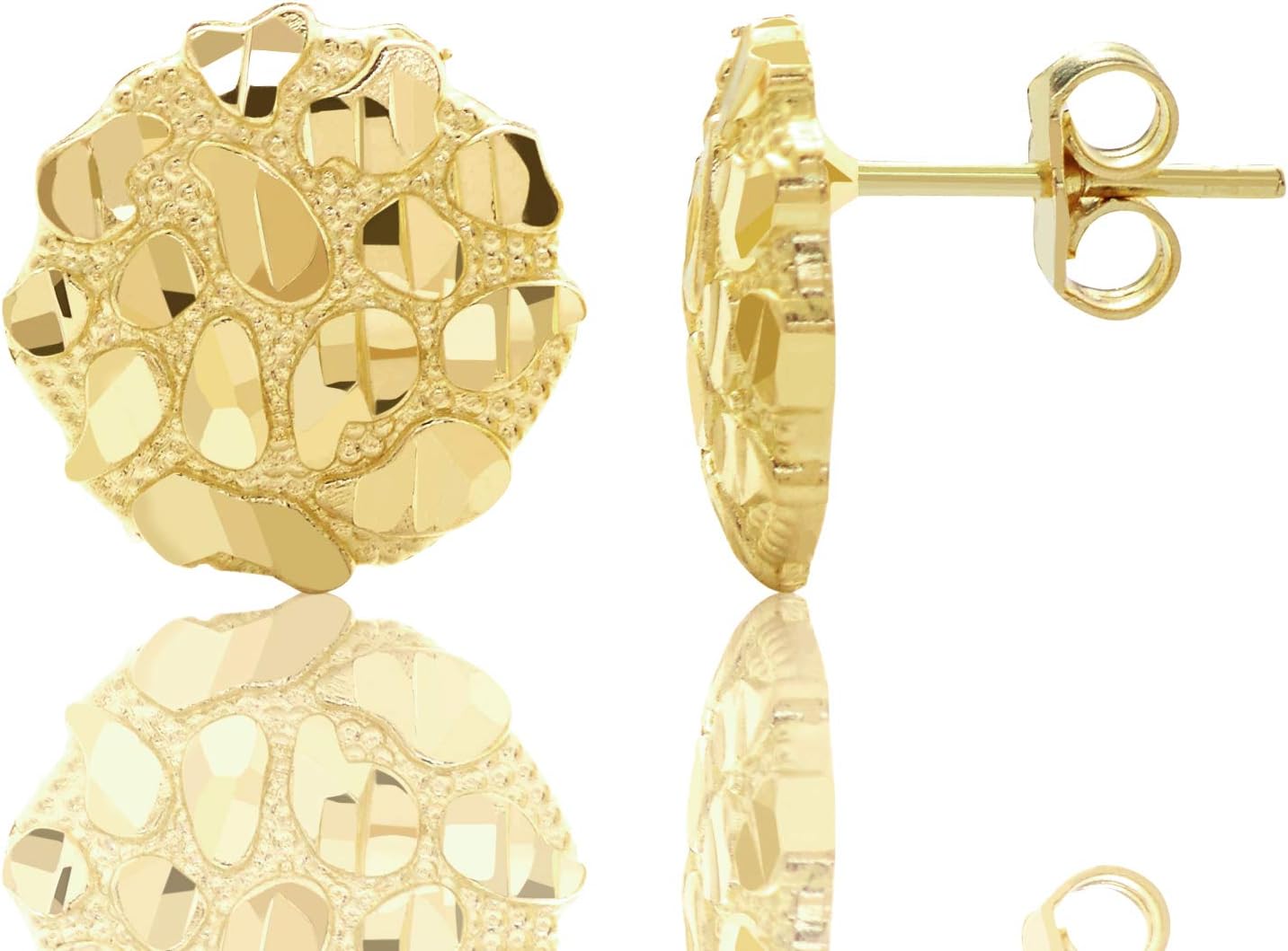 LoveBling 10K Yellow Gold Diamond Cut Round Nugget Earrings (0.50" Diameter)