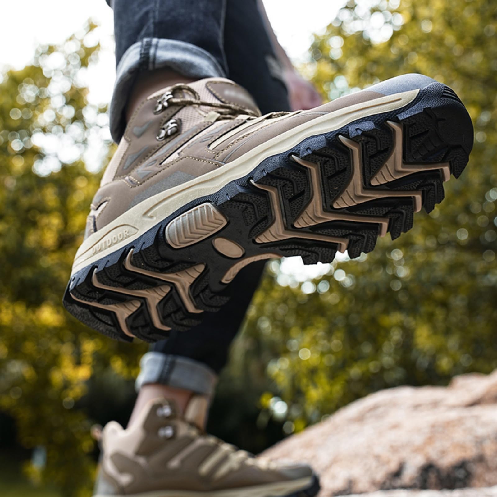 Męskie wodoodporne buty trekkingowe skórzane obuwie za kostkę | Wodoodporne oddychające i lekkie, Sznurowane antypoślizgowe, Obuwie do trekkingu, na szlak i kemping