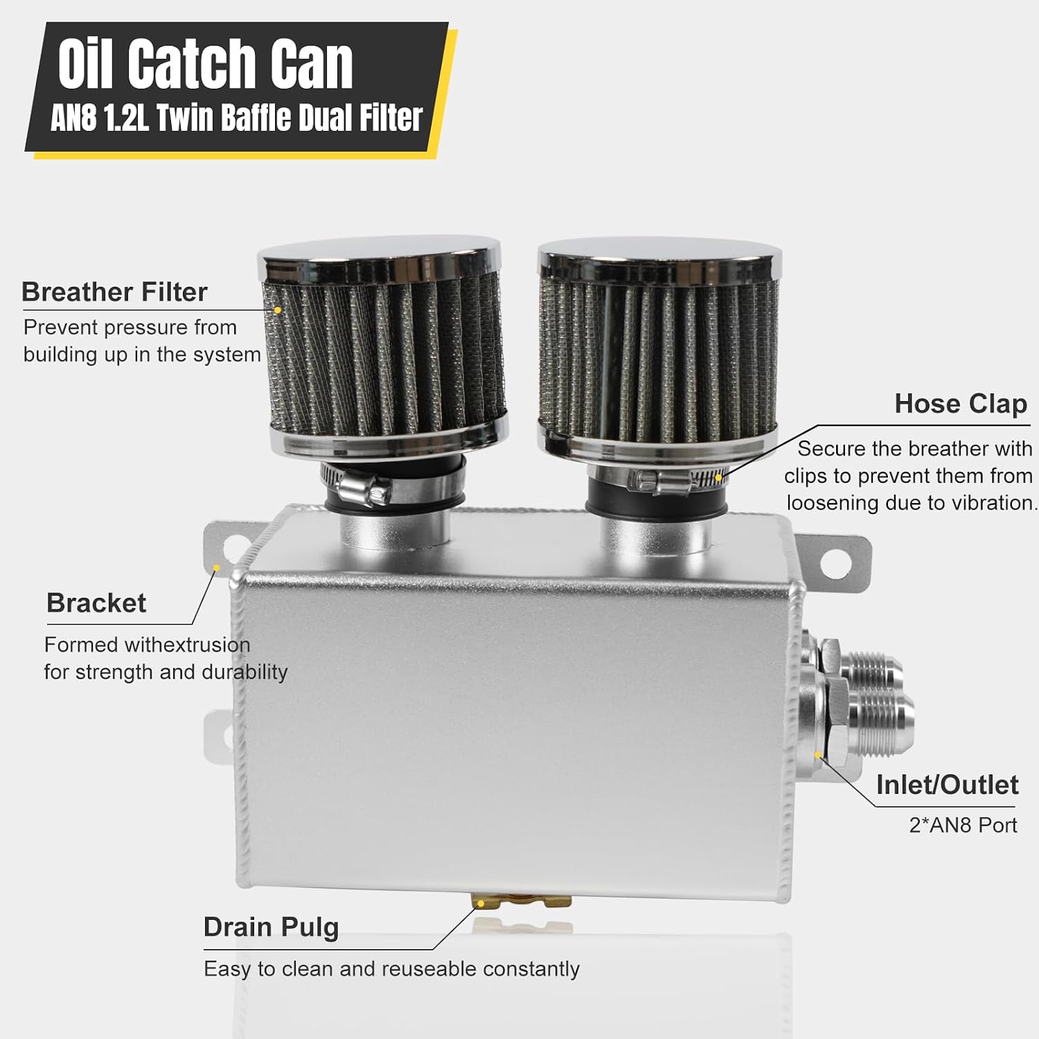 Universal Aluminum AN8 1.2L Twin Baffle Dual Filter Engine Oil Catch Can Tank With 2 Air Filters Oil Catch Reservoir Tank Can Breather Kit Silver