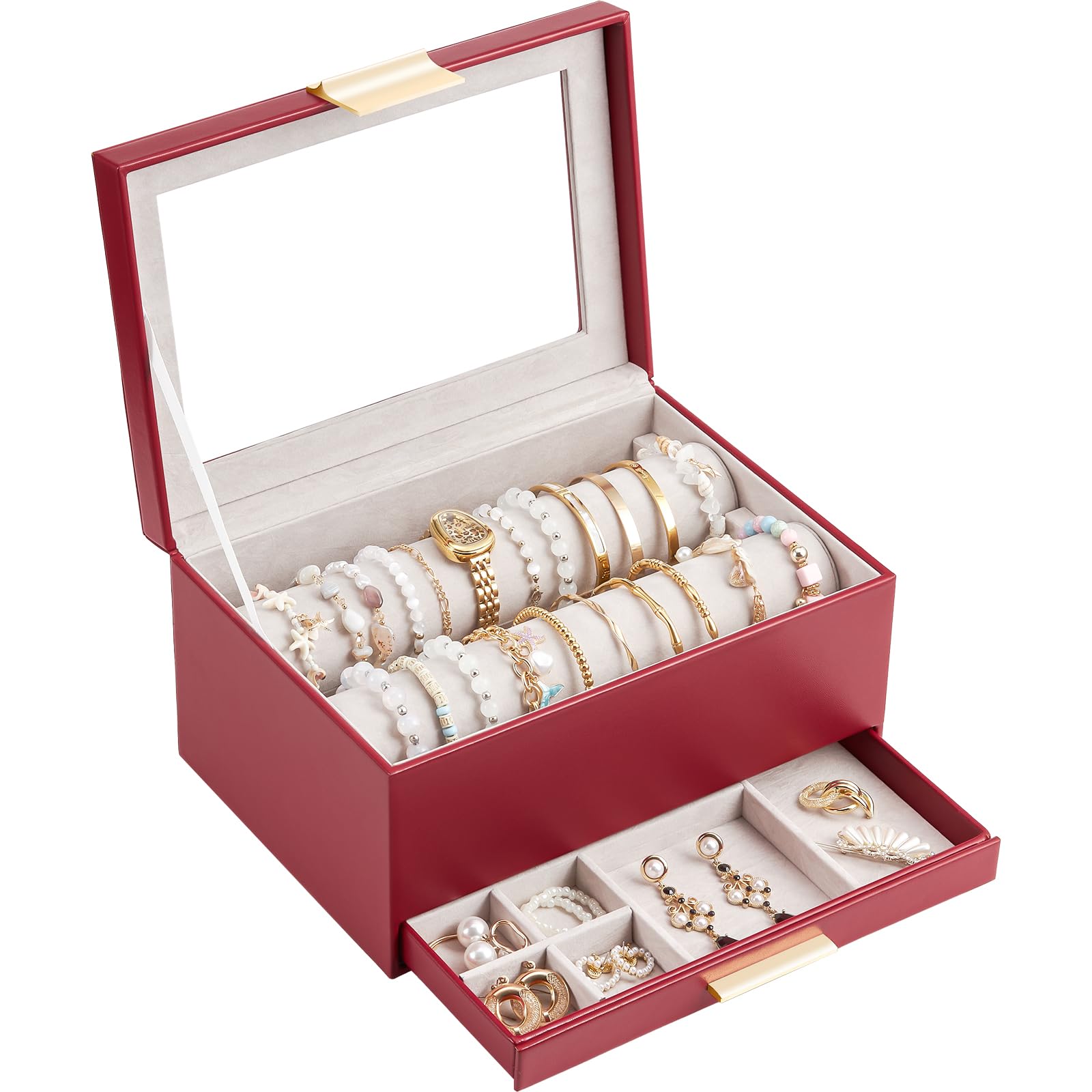 Lolalet Bracelet Organizer Box, Jewelry Display Holder for Bangles Watches, Clear Lid Jewelry Storage Case with Drawer for Women -Wine Red
