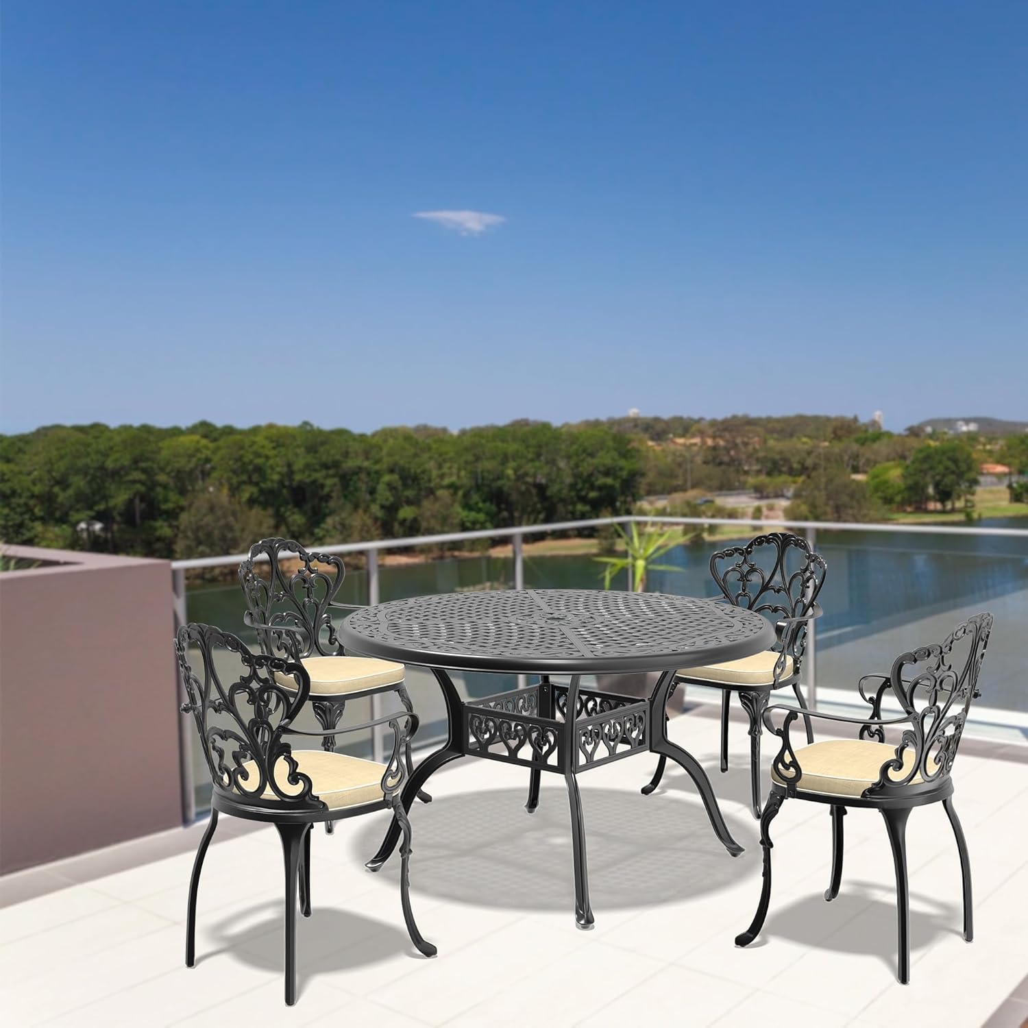 48 Inches Cast Aluminum Patio Dining Table with Black Frame Umbrella Hole – Durable Outdoor Indoor Table for, Deck, Living Room