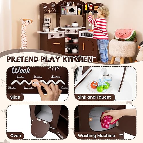 Miniatura 7 de HONEY JOY Juego de cocina esquinera, juego de cocina de madera para niños pequeños con luces, cafetera, microondas, fregadero, grifo, juego de