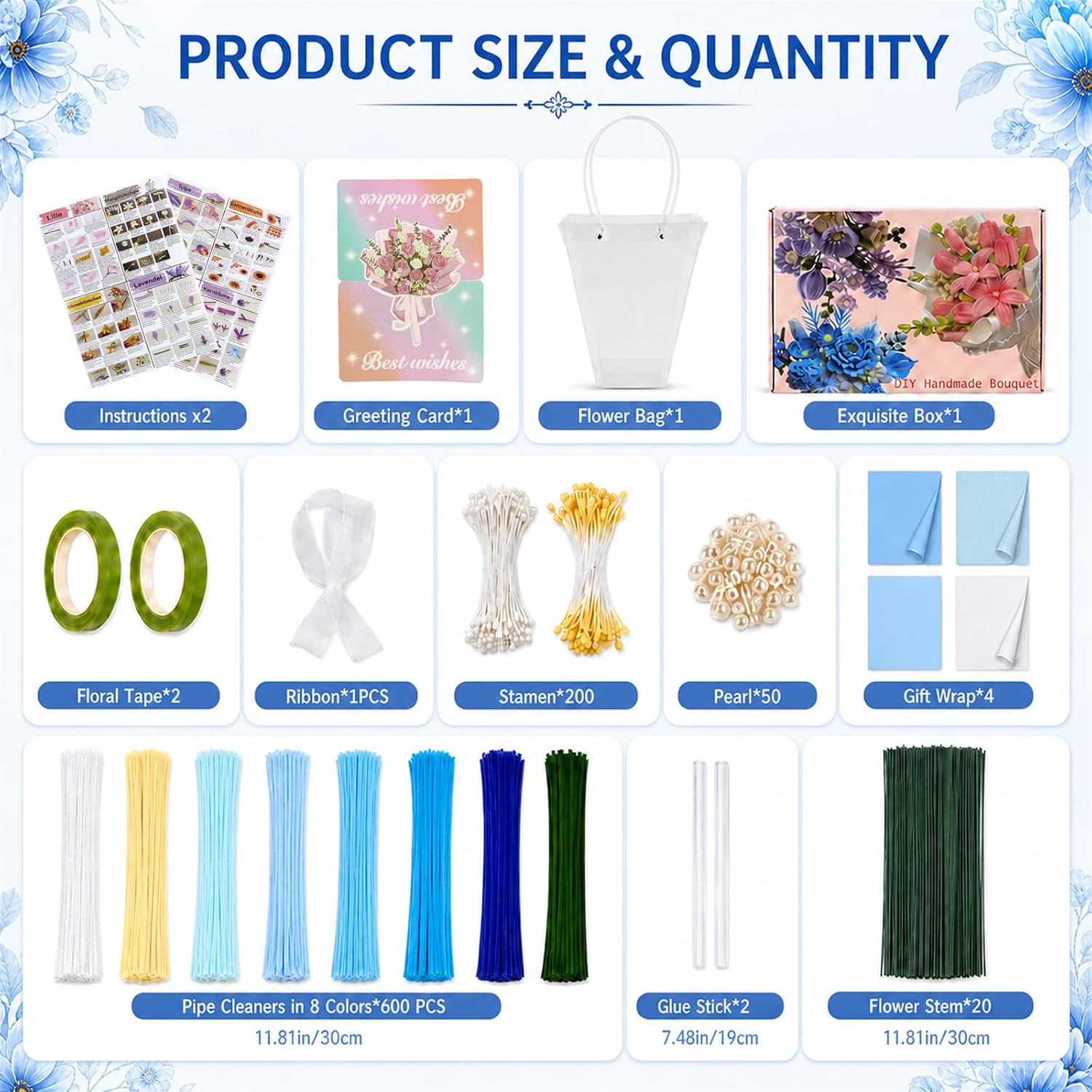 600 Pcs Pipe Cleaner Flower Kit, Pipe Cleaners Flowers Kit with 8 Colors