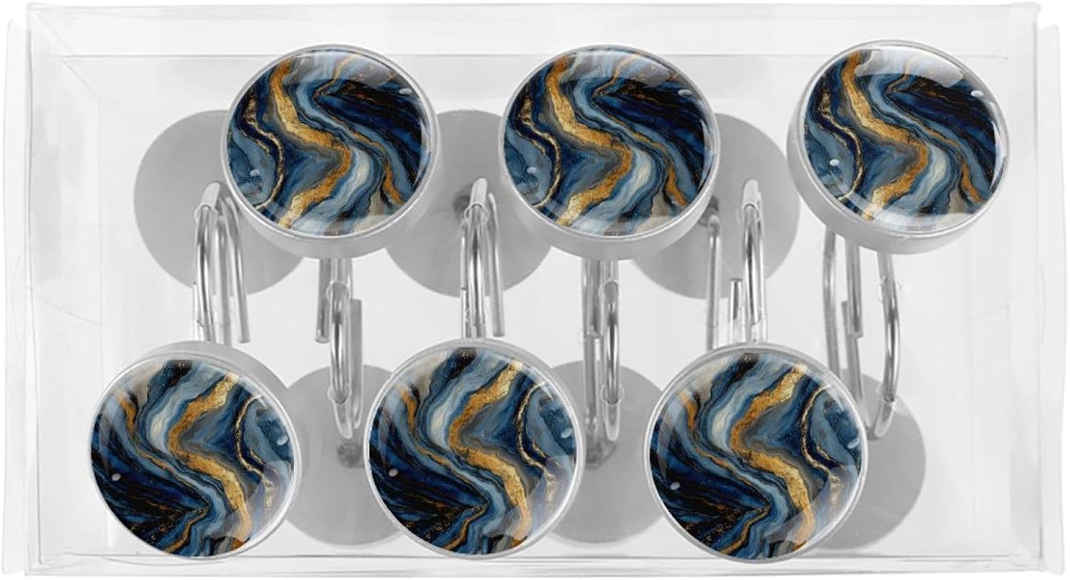 Abstract Blue Gold Marble Shower Curtain Hooks, Rustproof Shower Curtain Rings for Bathroom, Stainless Steel Shower Hooks for Shower Curtain Rod, Decorative Shower Curtain Hangers Set of 12