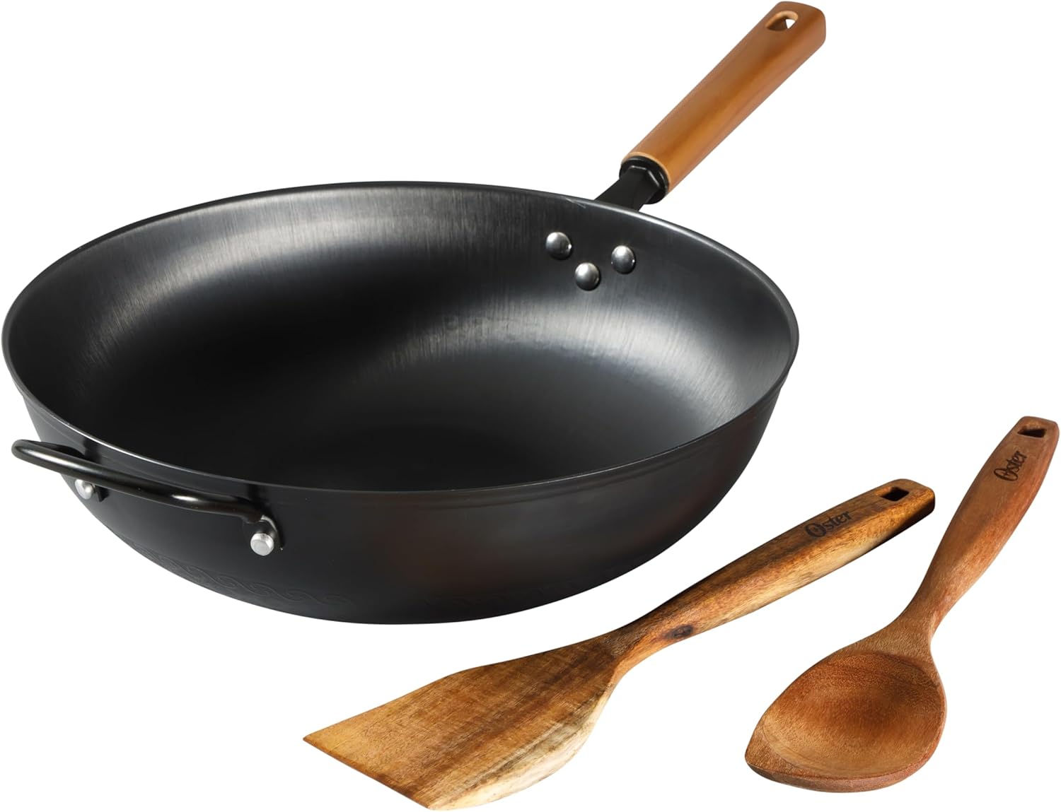 Oster Dunwood 3 Piece Carbon Steel Wok, 13.8” PFAS-Free Stir Fry Pan with Wooden Spatulas, High Heat, Oven & Stovetop Safe