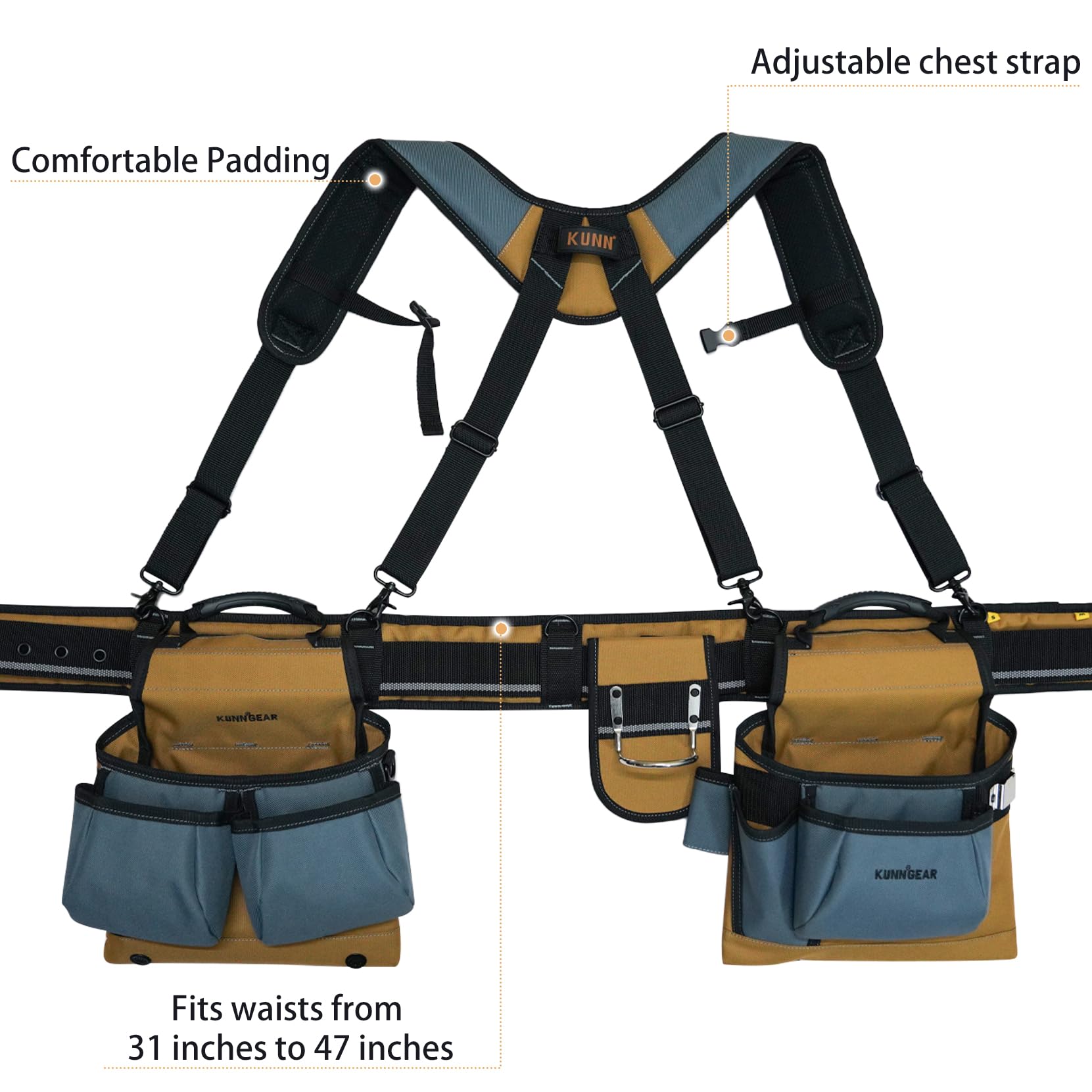 MELOTOUGH Cinturón de herramientas de carpintero con tirantes, equipo de herramientas de suspensión Pro Framer para contratistas de construcción y electricistas, color caqui