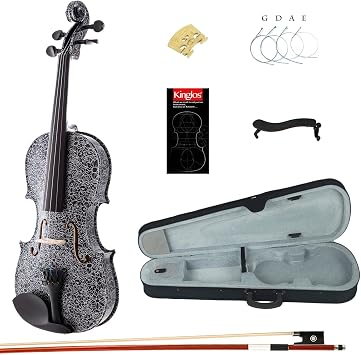 Kinglos 4/4 Black-White Colored Ebony Fitted Solid Wood Violin Kit with Case, Shoulder Rest, Bow, Manual, Extra Bridge and Strings Full Size