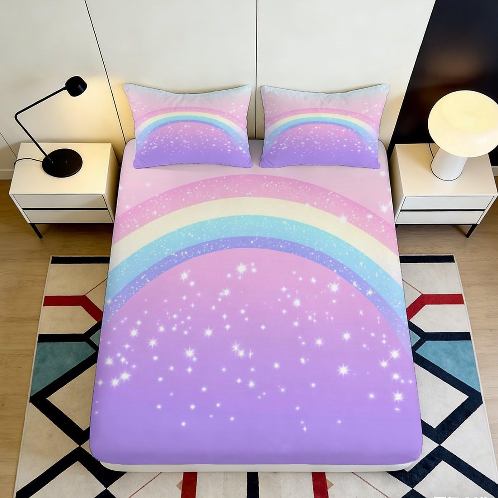 3D Printed Rainbow Starry Sky Fitted Sheet Microfiber Soft Breathable Cosmic Nebula Bed Cover for Bedroom Dormitory Guest Room Mattress Protection Decor 140x200x25cm