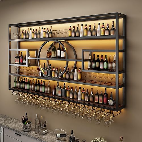 Miniatura 4 de Estante de vino de 47 pulgadas montado en la pared, estante de exhibición de botellas de vino colgantes de gran capacidad con soporte para vasos,