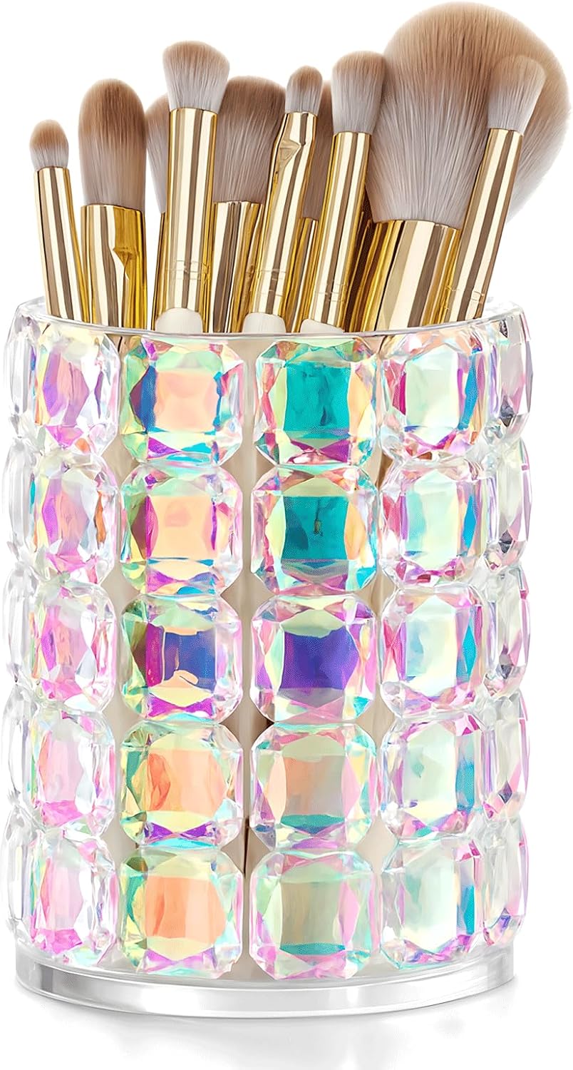 Makeup Organizer,Makeup Brush Holder,Iridescent Multifunctional Toothbrush Holders,Pen Holder,Utensil Holder, Bathroom Vanity Countertop Canisters,Sparkle Crystals Home Organization and Storage