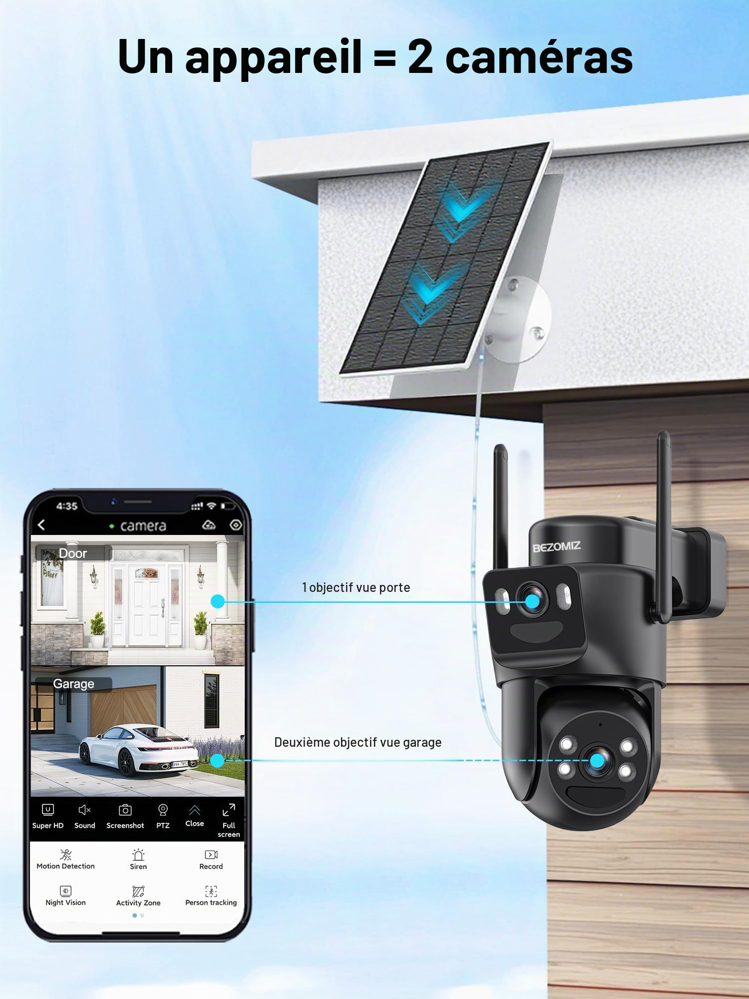 4K Caméra Surveillance WiFi Extérieure à Double Objectif,360° PTZ Caméra IP,8MP Détection Humaine avec Panneau Solaire,Suivi Automatique,Vision Nocturne Couleur,Étanche,Audio Bidirectionnel,2.4GHz