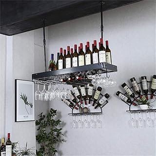 Stojak Na Wino 2 W 1 - Wiszące Na Ścianie Żelazne Uchwyty Na Kieliszki Do Wina I Butelki [Wysokość 30-60 Cm Regulowana] - Stojaki Na Kieliszki Sufitowe Z Czarną Ramą