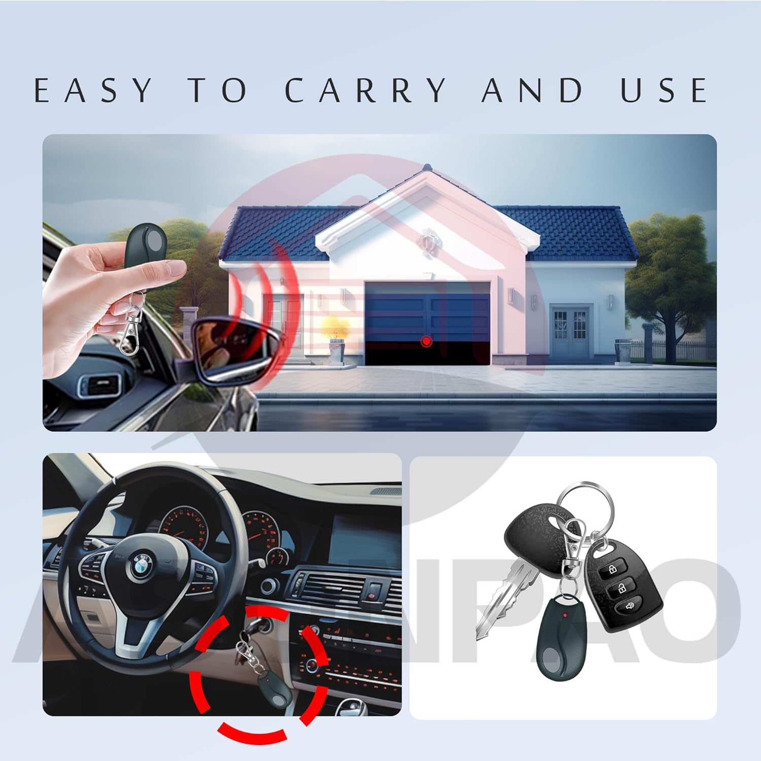 Images showing the compact remote being used in a car and attached to a keychain with other keys, highlighting its portability and ease of use.