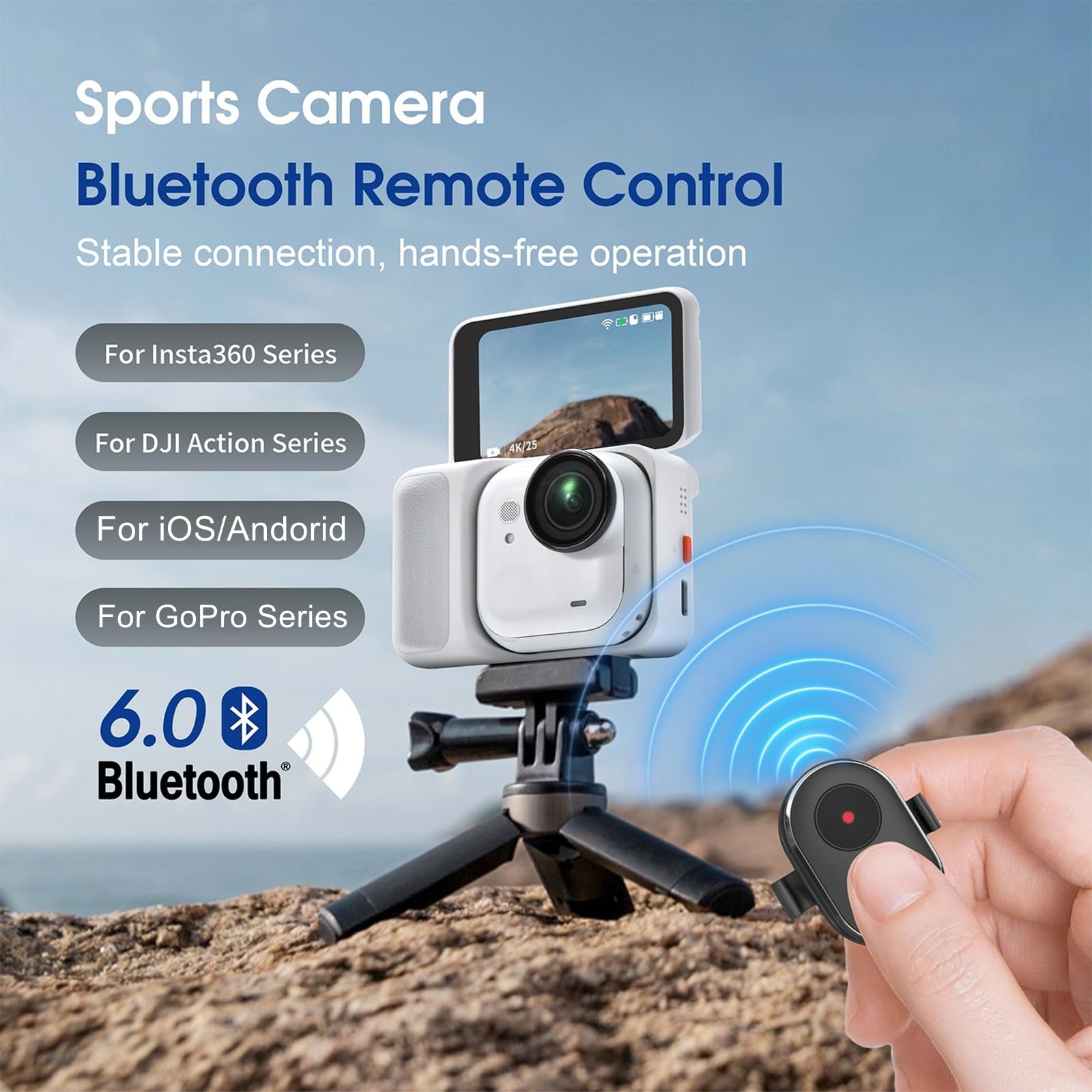 Mini télécommande Bluetooth pour Insta360 Go Ultra/X5/X4 Air/DJI Osmo Action 6/5 Pro/GoPro Hero 13/12/11, IPX5 étanche 20 m portée