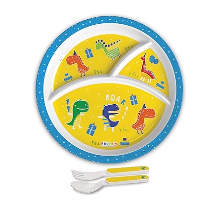Cello Kidzbee Trioplate Dino Party Melamine Meal Set for Kids | BPA Free and Food-Grade Material | Attractive and Kidfriendly Designs | Break Resistant & Durable Set | Set of 3, Yellow