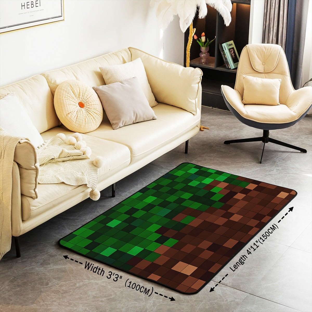 Manfei Pixelated Kids Area Rug,Patchwork Grid Video Games Indoor Floor Mat Entrance Rug for Girls Boys,Miners Lattice Simple Non Slip Rug,Dark Green Brown Couch Living Room Decor,3'x5' image 4