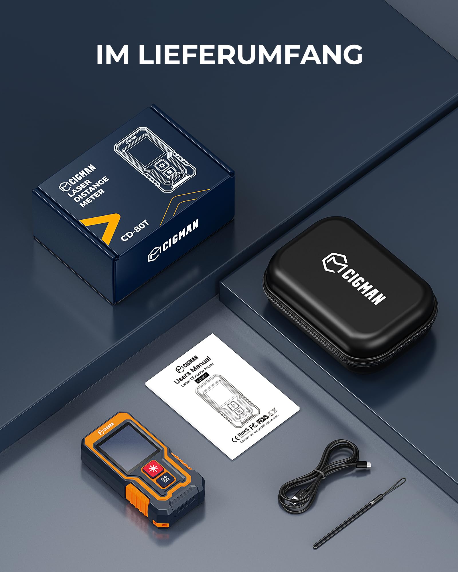 80 m Laser-Entfernungsmesser, CIGMAN Digitales Lasermessgerät mit hoher Genauigkeit, Mini Lasermessgerät mit wiederaufladbarer Batterie und LCD zur Messung von Entfernung/Fläche/Volumen/Pythagoras
