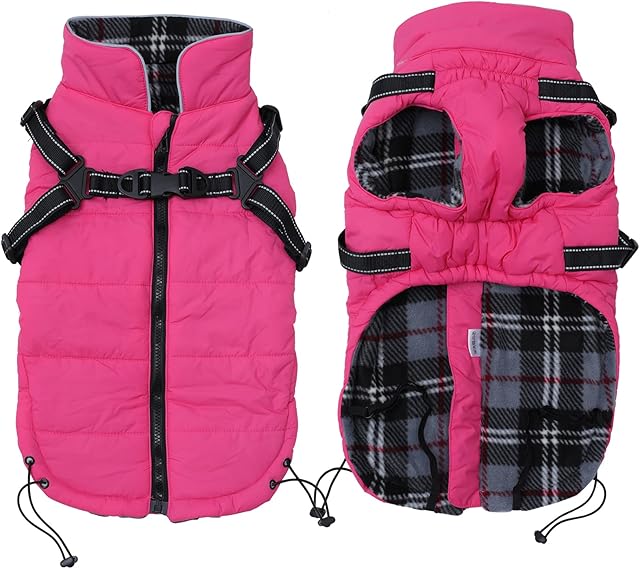 Warm Pet Dog Coats and Jackets for Dogs,Waterproof Reflective Pet Dog Harness Vest Winter Dog Clothes with Chest Strap, Outdoor Walking Adjustable Chest Strap-Pink-S