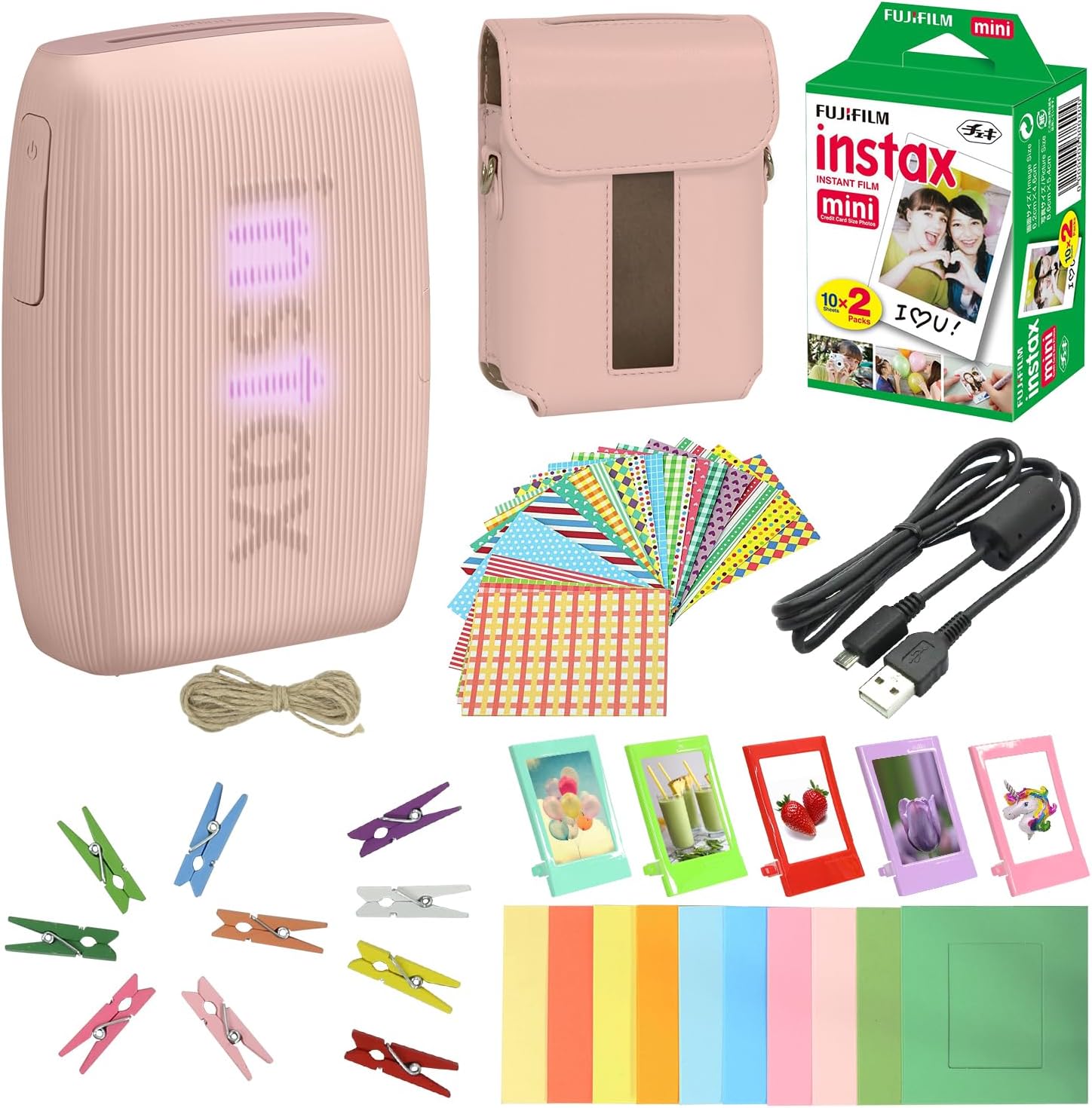 Bundle with Compatible Fuji Mini Link 3 Smartphone Printer Clay White + Fuji Film Value Pack 20 Sheets Accessories Bundle with Album + 5 Plastic Desk Frames + Paper & Sticker Frames (Rose Pink)