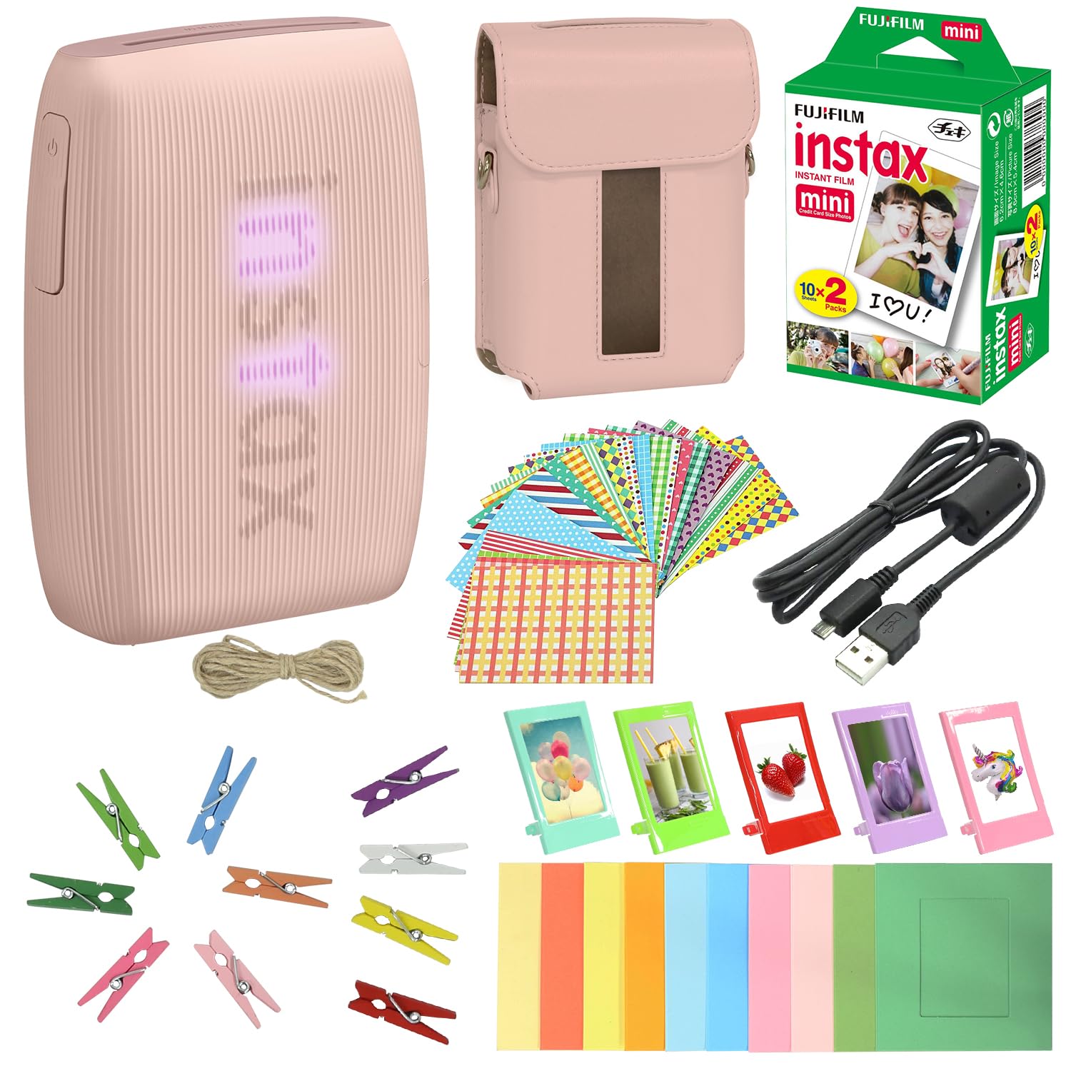 Bundle with Compatible Fuji Mini Link 3 Smartphone Printer Clay White + Fuji Film Value Pack 20 Sheets Accessories Bundle with Album + 5 Plastic Desk Frames + Paper & Sticker Frames (Rose Pink)