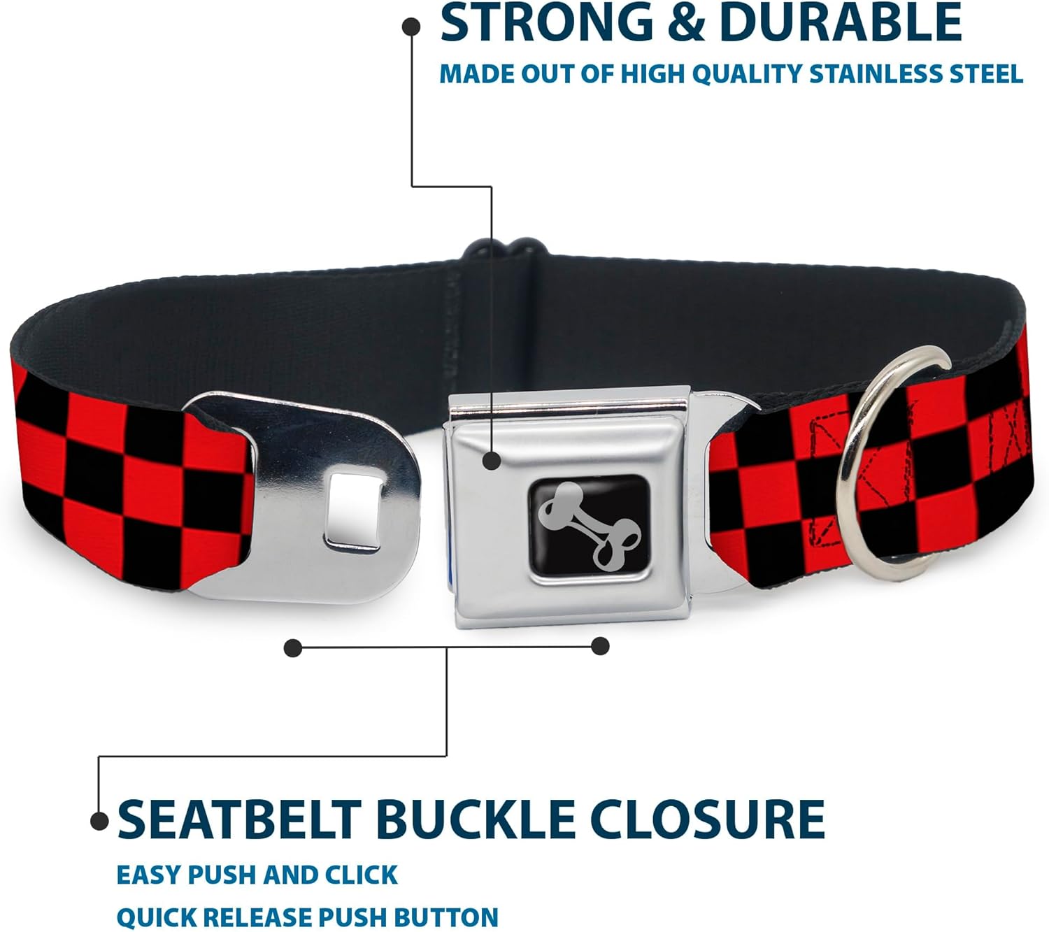 Buckle-Down Seatbelt Buckle Dog Collar - Checker Black/Red - 1.5" Wide - Fits 18-32" Neck - Large