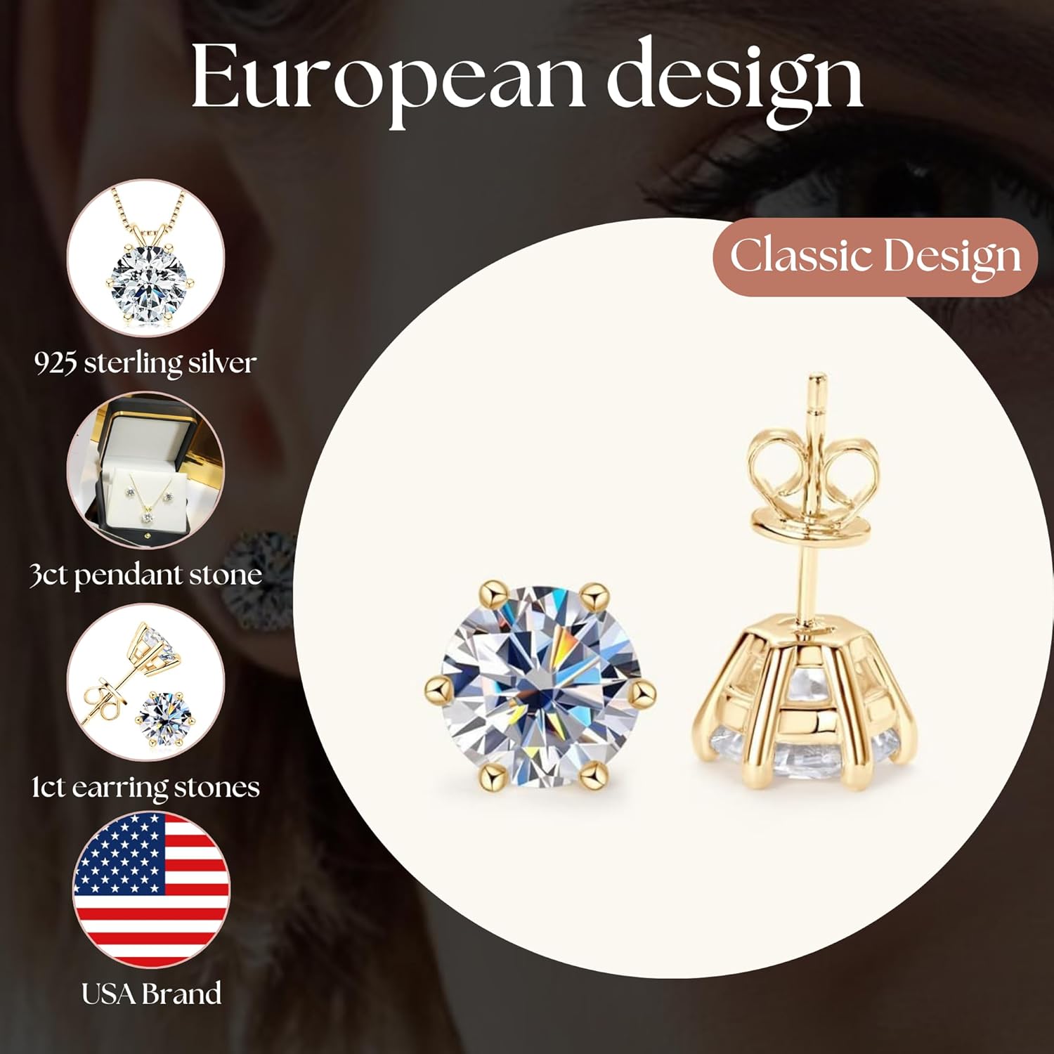 925 Sterling Silver Moissanite Jewelry Set - Classic European Design Necklace Earrings Set with Round Cut Moissanite Pendant - Adjustable Chain - Gift Box - Image 2