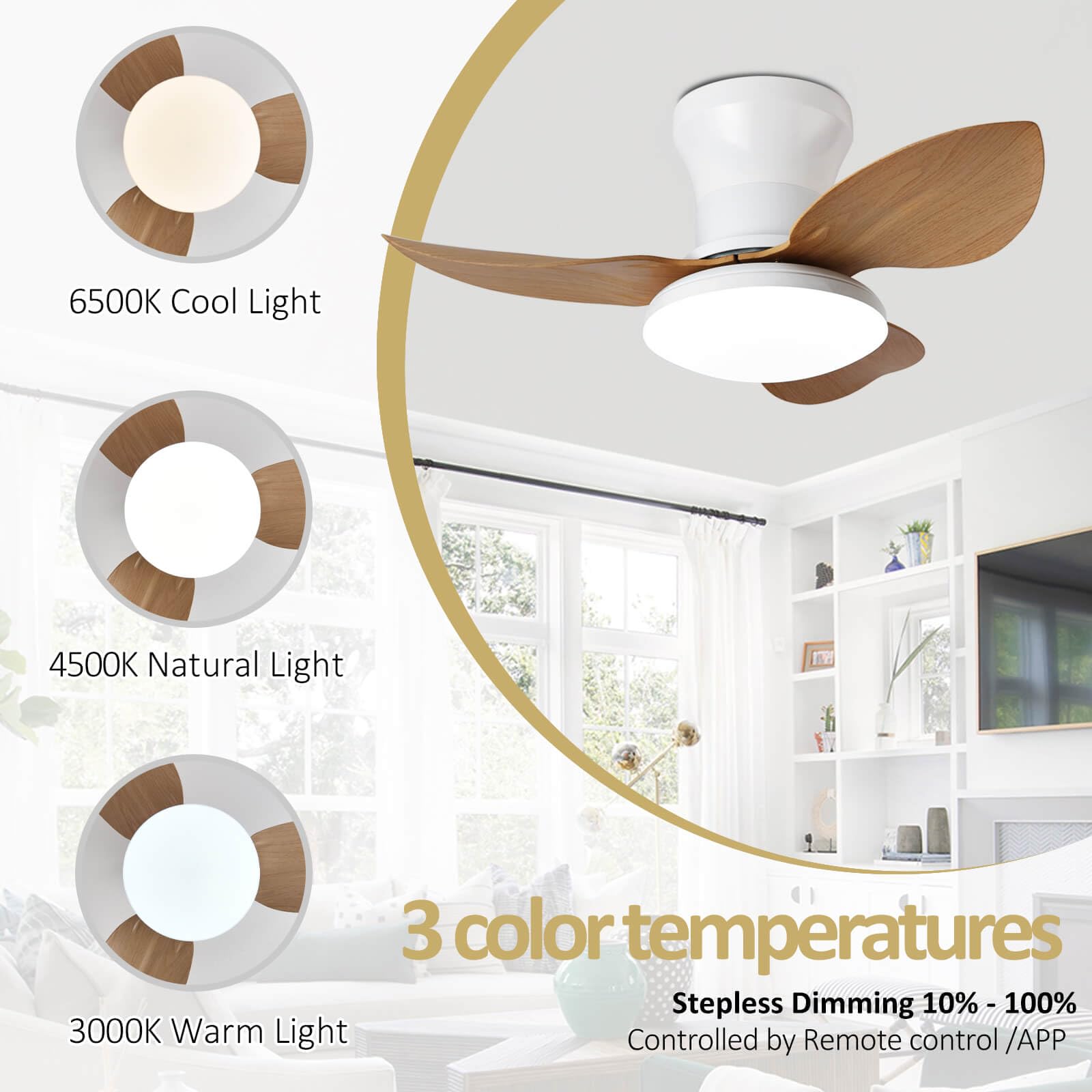 Ventilateur De Plafond Silencieux Avec Lumiere Et Telecommande, Lustre Avec Ventilateur 3 Pales, Dimmable, DC Motor, 6 Vitesses, Ventilo Plafond Moderne LED Pour Salon, Bureau, Chambre-Woodgrain